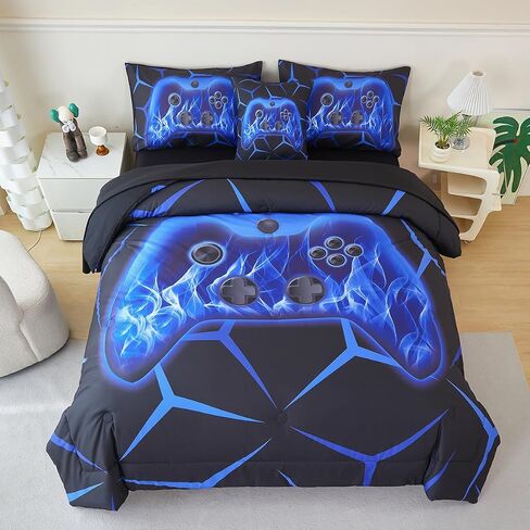 Game Controller Comforter Set for Boys Twin Size 6 Pcs Black Blue Games Bedding Set for Kids Classic Bright Geometric Stereoscopic Teens Gaming Bed in A Bag in Saudi Arabia