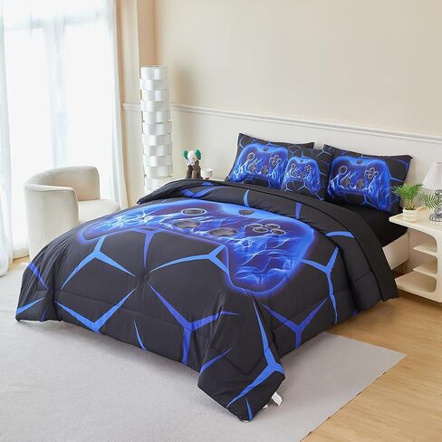 Game Controller Comforter Set for Boys Twin Size 6 Pcs Black Blue Games Bedding Set for Kids Classic Bright Geometric Stereoscopic Teens Gaming Bed in A Bag in Saudi Arabia