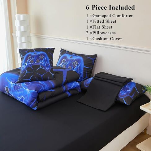 Game Controller Comforter Set for Boys Twin Size 6 Pcs Black Blue Games Bedding Set for Kids Classic Bright Geometric Stereoscopic Teens Gaming Bed in A Bag in Saudi Arabia
