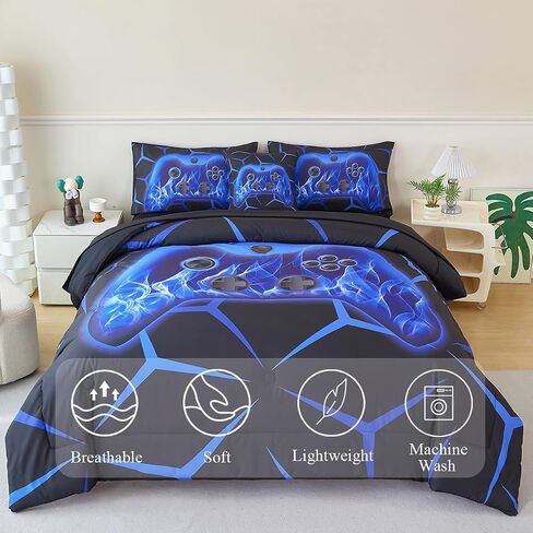 Game Controller Comforter Set for Boys Twin Size 6 Pcs Black Blue Games Bedding Set for Kids Classic Bright Geometric Stereoscopic Teens Gaming Bed in A Bag in Saudi Arabia