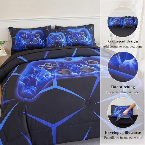 Game Controller Comforter Set for Boys Twin Size 6 Pcs Black Blue Games Bedding Set for Kids Classic Bright Geometric Stereoscopic Teens Gaming Bed in A Bag in Saudi Arabia