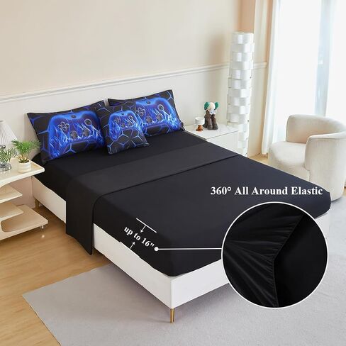 Game Controller Comforter Set for Boys Twin Size 6 Pcs Black Blue Games Bedding Set for Kids Classic Bright Geometric Stereoscopic Teens Gaming Bed in A Bag in Saudi Arabia