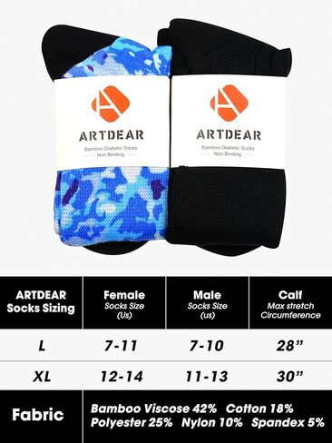 Artdear Colorful Bamboo Diabetic Socks for Men & Women - 2 Pairs Non Binding Extra Wide Crew Socks (US, Alpha, Large, Regular, Regular, White) in Kuwait