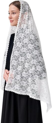 Leimandy Floral Lace Veil Rectangular Chapel Veil Long Veil for Church Lace Scarf for Women Latin Mass V99 in Saudi Arabia