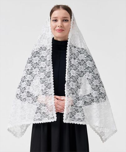 Leimandy Floral Lace Veil Rectangular Chapel Veil Long Veil for Church Lace Scarf for Women Latin Mass V99 in Saudi Arabia