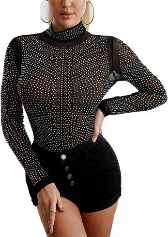 Women Plus Size Sheer Mesh Turtleneck See Through Rhinestone Leotard Bodysuit Body Tops in Saudi Arabia