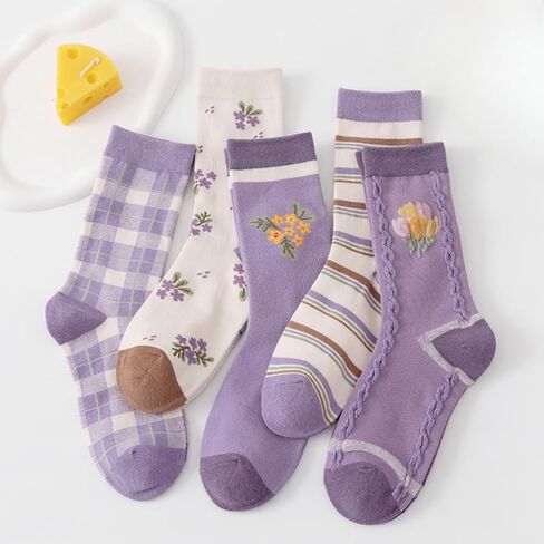 Flower Socks Women 5 Pairs Cute Retro Preppy High Ankle Cotton Sock Stripe Plaid Bow Socks in Saudi Arabia