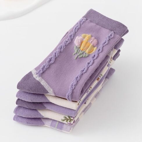 Flower Socks Women 5 Pairs Cute Retro Preppy High Ankle Cotton Sock Stripe Plaid Bow Socks in Saudi Arabia