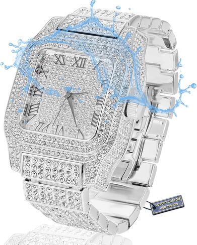 Halukakah Moissanite Diamond Gold Watch for Men - Luxury 18k Real Gold/Platinum White Gold Plated,Basic Waterproof,Swiss Quartz Roman Numerals Square Face Dial,200G Heavy-Made,3-Sides Iced Out,9.5" Wristband - Giftbox Included,Gift for Son Grandson Boyfre in Saudi Arabia