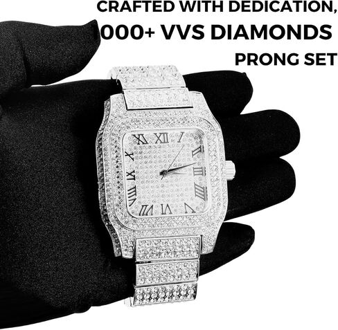 Halukakah Moissanite Diamond Gold Watch for Men - Luxury 18k Real Gold/Platinum White Gold Plated,Basic Waterproof,Swiss Quartz Roman Numerals Square Face Dial,200G Heavy-Made,3-Sides Iced Out,9.5" Wristband - Giftbox Included,Gift for Son Grandson Boyfre in Saudi Arabia