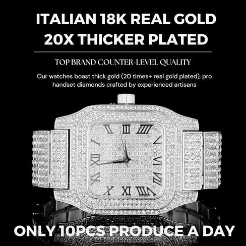 Halukakah Moissanite Diamond Gold Watch for Men - Luxury 18k Real Gold/Platinum White Gold Plated,Basic Waterproof,Swiss Quartz Roman Numerals Square Face Dial,200G Heavy-Made,3-Sides Iced Out,9.5" Wristband - Giftbox Included,Gift for Son Grandson Boyfre in Saudi Arabia