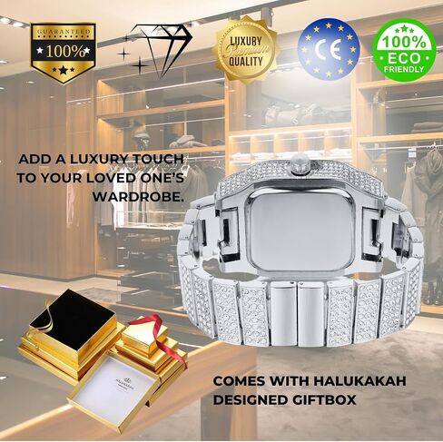 Halukakah Moissanite Diamond Gold Watch for Men - Luxury 18k Real Gold/Platinum White Gold Plated,Basic Waterproof,Swiss Quartz Roman Numerals Square Face Dial,200G Heavy-Made,3-Sides Iced Out,9.5" Wristband - Giftbox Included,Gift for Son Grandson Boyfre in Saudi Arabia
