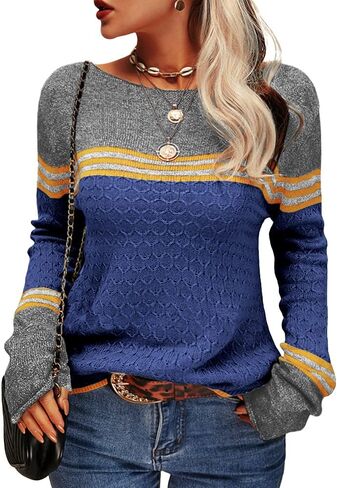 Danedvi Women Autumn Winter Colorblock Pullover Sweaters Round Neck Striped Slim Fitting Knitwear Tops in Saudi Arabia