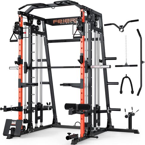 FEIERDUN Smit Machine Power Cage FOR01، حامل القرفصاء لصالة الألعاب الرياضية المنزلية الكل في واحد مع قضيب حديد وقضيب حد صلب واثنين من أنظمة السحب LAT وآلة كروس الكابل لصالة الألعاب الرياضية المنزلية in Kuwait