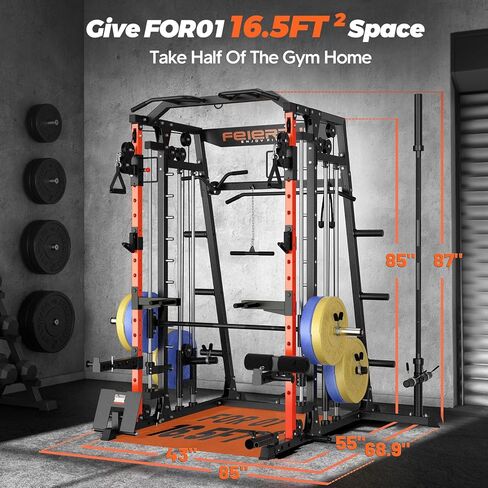 FEIERDUN Smit Machine Power Cage FOR01، حامل القرفصاء لصالة الألعاب الرياضية المنزلية الكل في واحد مع قضيب حديد وقضيب حد صلب واثنين من أنظمة السحب LAT وآلة كروس الكابل لصالة الألعاب الرياضية المنزلية in Kuwait