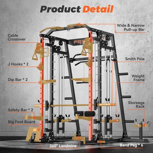 FEIERDUN Smit Machine Power Cage FOR01، حامل القرفصاء لصالة الألعاب الرياضية المنزلية الكل في واحد مع قضيب حديد وقضيب حد صلب واثنين من أنظمة السحب LAT وآلة كروس الكابل لصالة الألعاب الرياضية المنزلية in Kuwait