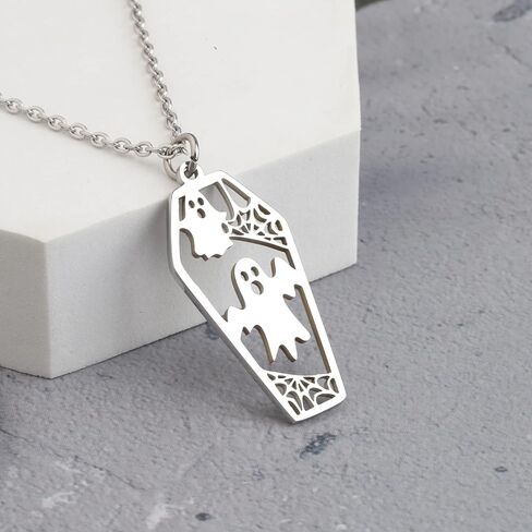 Stainless Steel Ghost Coffin Charm Pendant Necklace Spooky Halloween Charms Halloween Jewelry in Saudi Arabia