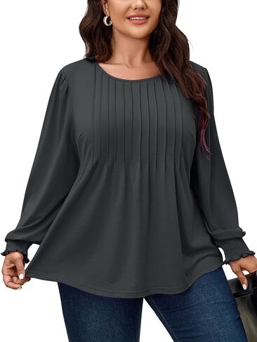 Women's Plus Size Tops Long Sleeve Tunic Tops Crew Neck Pleated Casual Loose Tunic Blouse in Saudi Arabia