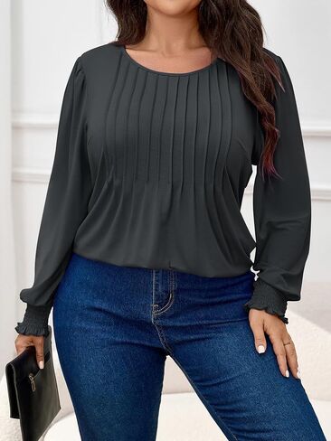 Women's Plus Size Tops Long Sleeve Tunic Tops Crew Neck Pleated Casual Loose Tunic Blouse in Saudi Arabia