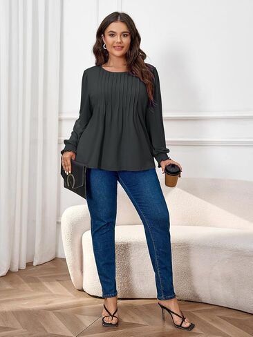 Women's Plus Size Tops Long Sleeve Tunic Tops Crew Neck Pleated Casual Loose Tunic Blouse in Saudi Arabia