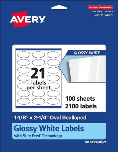 ملصقات Avery بيضاوية بيضاء لامعة مع تغذية مؤكدة، 1-1/8 بوصة × 2-1/4 بوصة، 210 ملصق أبيض لامع، طباعة إلى الحافة، لاصق ملصق دائم، ملصقات قابلة للطباعة بالليزر/النافثة للحبر in Saudi Arabia