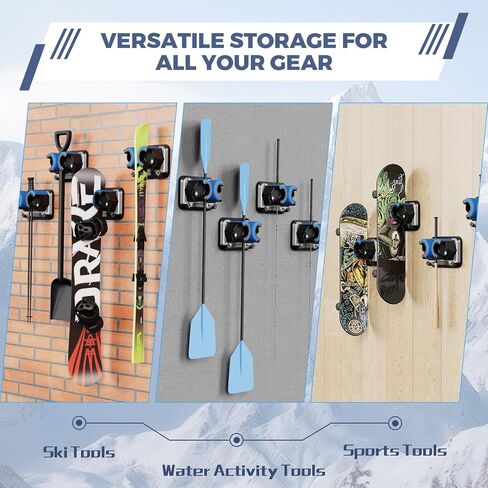 Snowboard, Ski, and Skateboard Wall Mount Rack – Multi-Purpose Garage Wall Storage Holder | Space-Saving Clamp Organizer for Skate Decks, Hockey Sticks, Ski Poles, Shovels, and More-Blue in Saudi Arabia