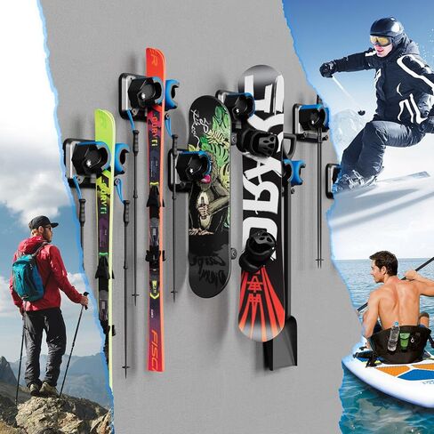 Snowboard, Ski, and Skateboard Wall Mount Rack – Multi-Purpose Garage Wall Storage Holder | Space-Saving Clamp Organizer for Skate Decks, Hockey Sticks, Ski Poles, Shovels, and More-Blue in Saudi Arabia
