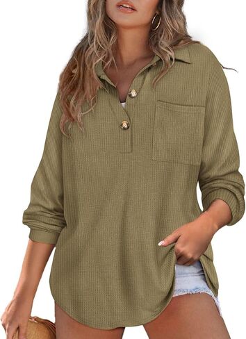 RITERA Plus Size Womens Waffle Knit Tops V Neck Henley Shirts Button up Blouse Long Sleeve Long Tunic Top in Kuwait