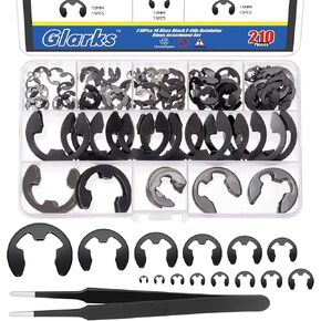 Glarks 211pcs 65Mn Steel E Clips Retaining Rings Assortment Set 14 Sizes E-Ring Circlip Rings Heat Treated External Retaining Clips E-Clips Retainer Circlip Rings with Tweezers for Gears