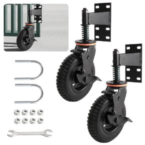 8 Inch Gate Wheel with Brake, 600lbs Heavy Duty Gate Wheel for Tube Gates Metal Gates Wooden Gates Fence Gates, 360° Rotation Spring Loaded Gate Caster, 2 Pack, Black
