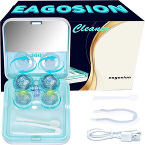 Contact Lens Cleaner Machine EV Pro, Portable Physical Technology Deep Clean Soft Lens with LED Light Tweezer Soak Case Kit, Magnetic Cleaning Slot USB Charger for Long-Term Colored Lens & RGP Lens