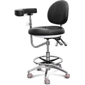 Dental Assistant Chair Microfiber with Rotatable Armrest Rolling Medical Chair Ergonomic Swivel Seating Back Support Dentist Stool for Clinics, Dental Offices, Labs-Black
