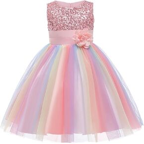 Girls Princess Dress Sequin Tulle Flower Rainbow Sleeveless Birthday Party Wedding Bridesmaid Girl Evening Dresses Toddler