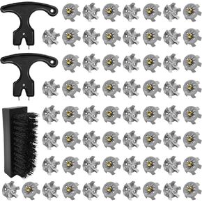 63 Pcs Golf Spikes Set 60 Golf Shoe Spikes with 2 Black Golf Cleats Spanner and 1 Shoes Brush, Metal Thread Screw 6 mm Dia Golf Shoe Cleats Replacement for Golf Player on Lawns or Golf Courses