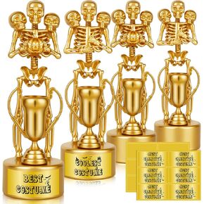 4 PCS Halloween Trophy Awards Gold Best Costume Skeleton Trophies for Halloween Medals Party Favor Prizes, Trick or Treat, Costume Contest, School Classroom Rewards