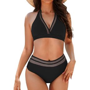 Women High Waisted Bikini Set Two Piece Mesh Bathing Suit Halter V Neck Swimsuit