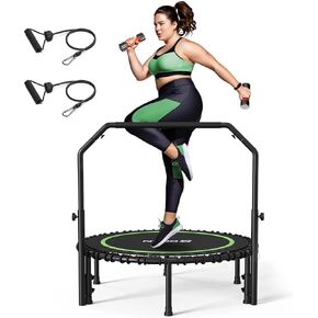 BCAN 40"/48" Foldable Mini Trampoline with Resistance Band, 450 LBS Fitness Trampoline with Bungees, U Shape Adjustable Foam Handle, Stable & Quiet Exercise Rebounder for Adults Indoor/Garden