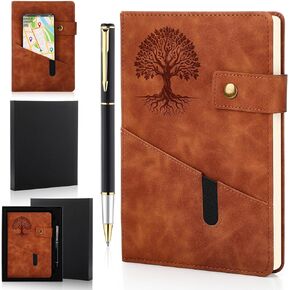 Thenshop Tree of Life Journal and Pen Gift Set A5 Lined Small Leather Notebook Hardcover Personal Diary 5.9 X 8.4 Personalized Travel Journal Gift for Women Work Office Writing, 200 Pages(Black)