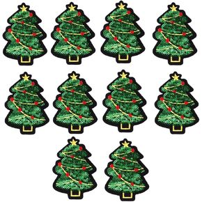 CLISPEED 10pcs Christmas Iron On Patches - Sequins Christmas Tree Embroidered Appliques - Sew or Iron On Decorative Patches for DIY Craft Clothing Jackets Sweaters Holiday Decor Backpack