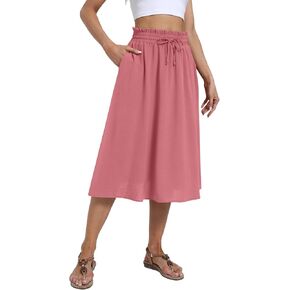 Yincro Women's Summer High Waisted Midi Skirt Elastic Waistband A-Line Skirt with Pockets