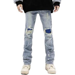 Men Stacked Jeans Skinny Black Ripped Patchwork Denim Pants