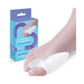 2 Units of 2-in-1 Separator & Bunion Protector. Elastic, soft and moisturizing gel. Relieves bunion pain and corrects toe position. One size. Made in Spain, EU.