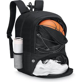 MoKo Basketball Bag Backpack, Soccer Backpack for Men & Women with Separate Ball and Shoes Compartments, Water-Resistant, Fence Hook, Sports Bag for Clothes, Shoes, Tablets, Laptops, Black