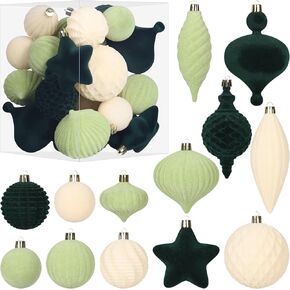 SY Super Bang 30PCS Velvet Christmas Ornaments Set, Flocked Shatterproof Assorted Hanging Xmas Tree Ball Decorations, for Home Party Holiday Decor, Coffee, Beige, Deep Green