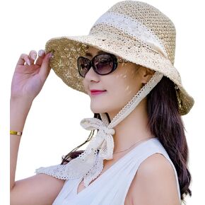 Womens Summer Floppy Packable Straw Sun Hat Lace Strap Beach Hat Breathable Hollow Out UV Protection Straw Bucket Hats