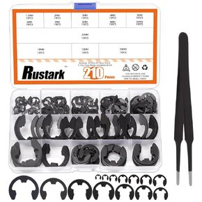 211PCS 14 Sizes Black E-Clip External Retaining Rings Assortment Kit Alloy Steel E Clip Circlip Rings E-clips Retainer Circlip Rings Washers E-Clips Assortment Set for Gears Pulleys Axles