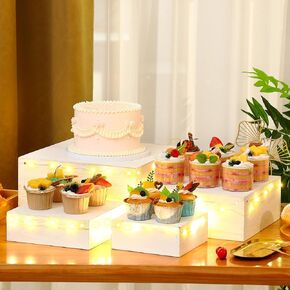 Juexica 4 Set Rustic Wooden Cupcake Display Stand with Light, White Wood Stackable Square Display Risers Stand Box for Cake Dessert Food