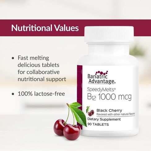 Bariatric Advantage B-12 Speedy Melts, Vitamin B12 1000 mcg Supplement, Fast Melting with 200 mcg of Folic Acid for Nutritional Support - Black Cherry, 30 Count in Kuwait
