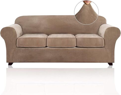PrinceDeco Velvet Couch Cover Loveseat Covers for 2 Cushion Couch 3 Piece Sofa Covers for Dogs Washable Loveseat Covers Width Up to 72 Inch No Slip Stretch Sofa Slipcover(Medium, Porcelain) in Kuwait