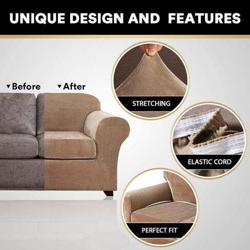 PrinceDeco Velvet Couch Cover Loveseat Covers for 2 Cushion Couch 3 Piece Sofa Covers for Dogs Washable Loveseat Covers Width Up to 72 Inch No Slip Stretch Sofa Slipcover(Medium, Porcelain) in Kuwait